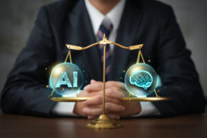 Illustration of scales balancing technology and ethics to emphasize the importance of ethical AI.