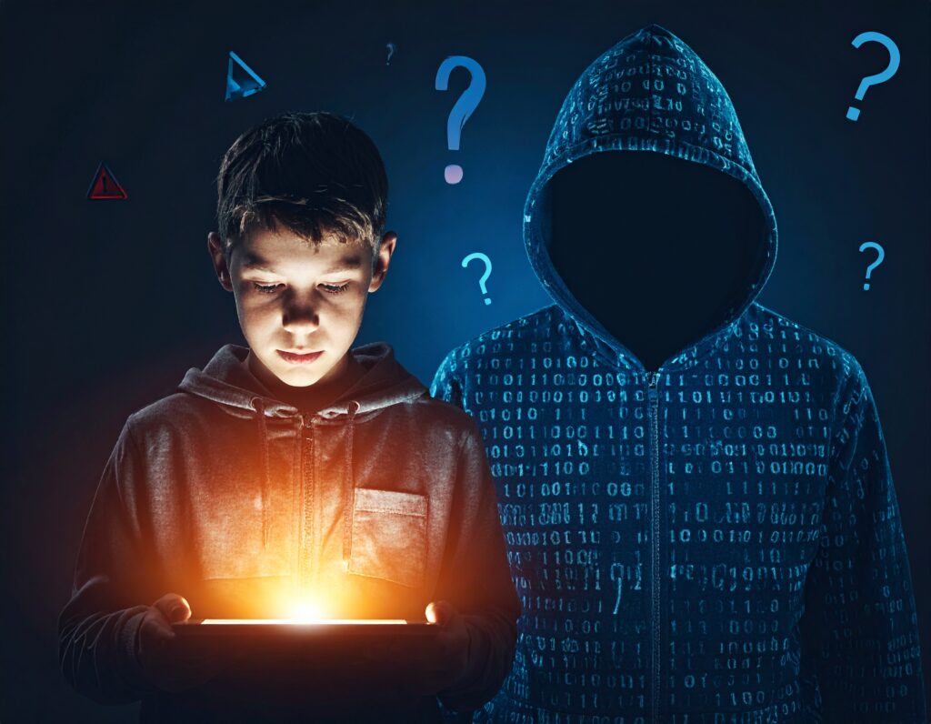 A young boy in a hoodie looks down at a glowing tablet while a faceless figure in a binary hoodie looms behind him. Question marks and warning symbols surround them, suggesting unseen influence or risk.