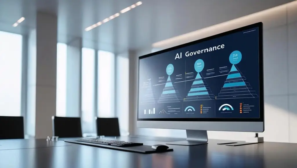 executive desktop in boardroom showing scales for AI Governance on the screen